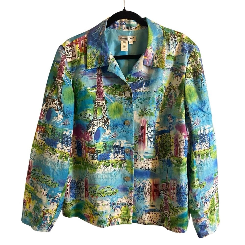 Coldwater Creek, Size Large, Colorful Paris Print Blazer, Linen Blend, Artsy